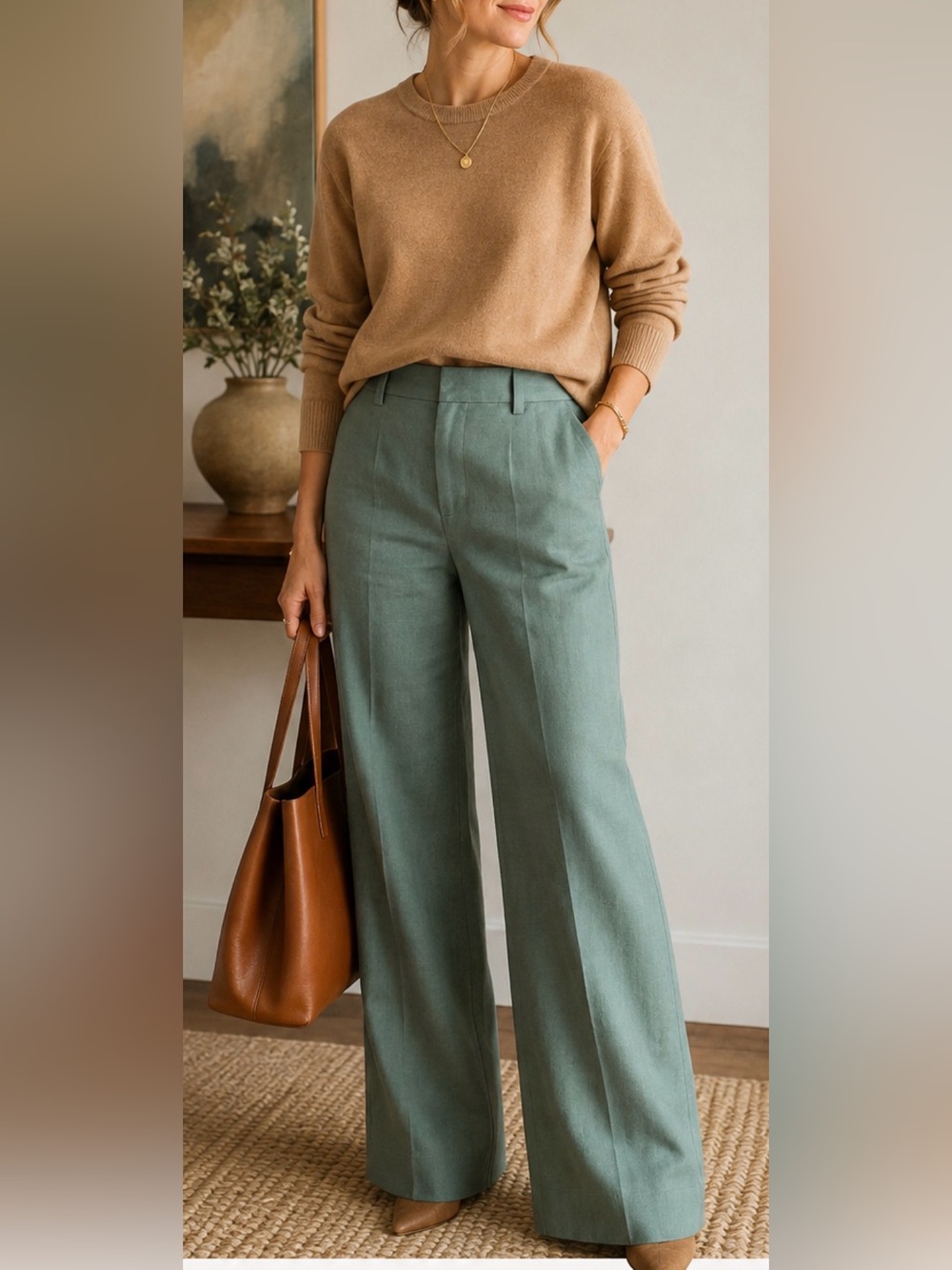J.Crew Sage Green Linen Blend Wide-Leg Trousers – Size 12